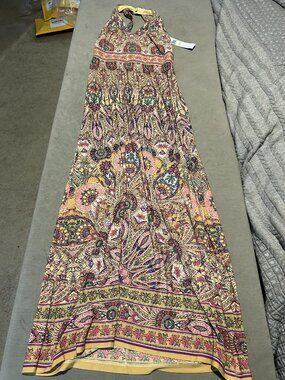 NWT LONDON TIMES Medallion Paisley Halter Maxi Dress SW Gold Yellow Size 2